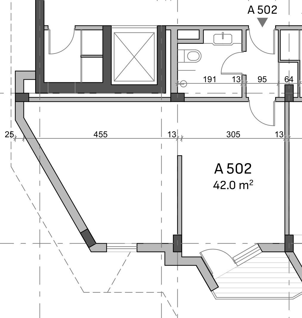 Original architectural floor plan of A502, labelled 42 square metres