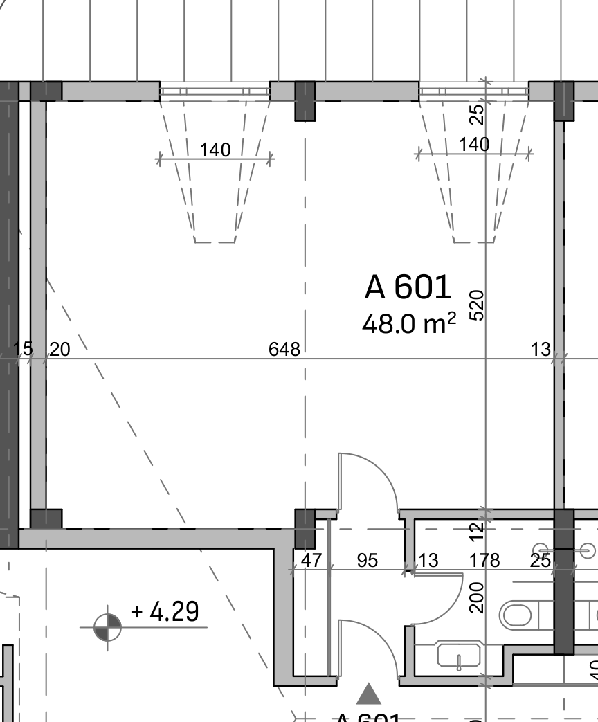 Original architectural floor plan of A601, labelled 48 square metres