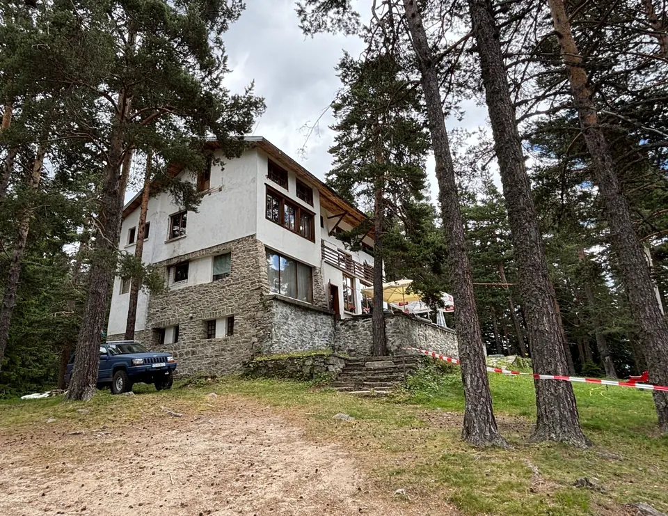 Semkovo Hut among tall pines, seen from the approach.