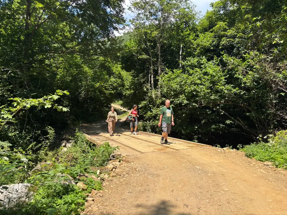 Walkers crossing a small concrete bridge along the Bear Park route.