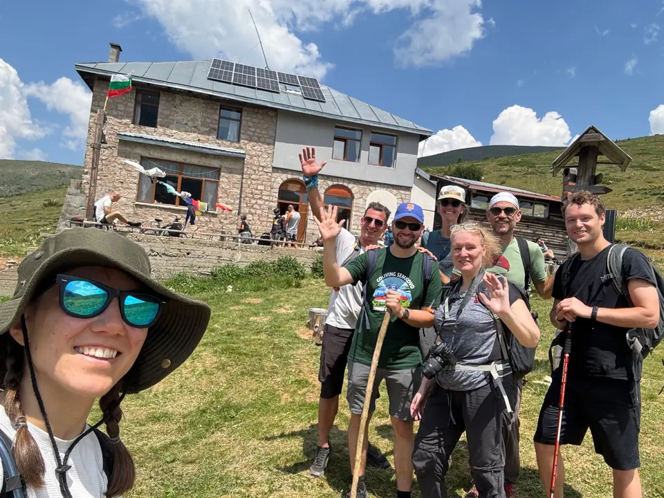 Walking group outside Macedonia Hut.